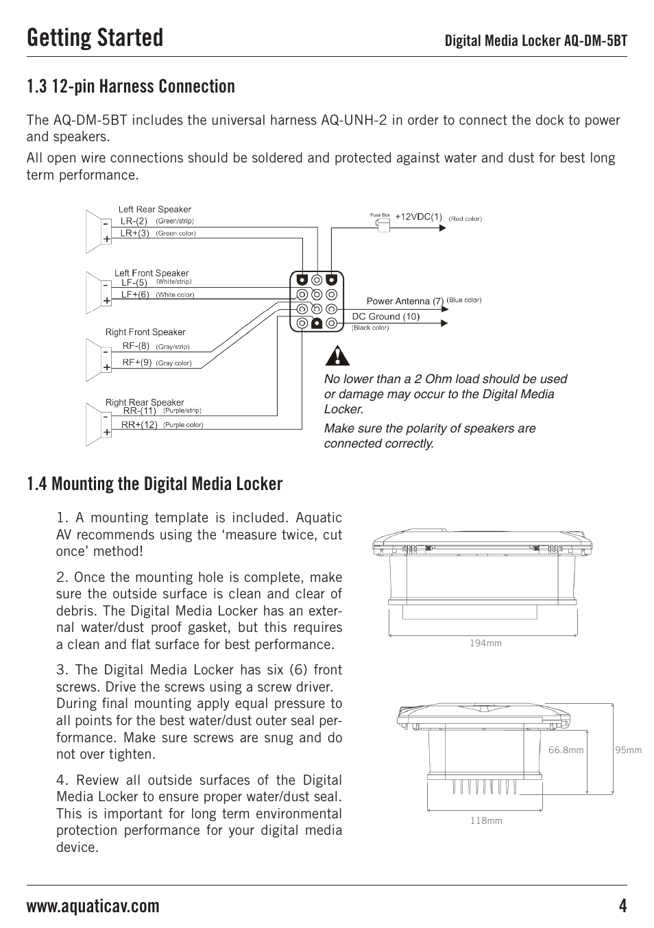 Getting started, 3 12-pin harness connection, 4 mounting the digital media locker | Aquatic AV AQ-DM-5BT User Manual | Page 4 / 12