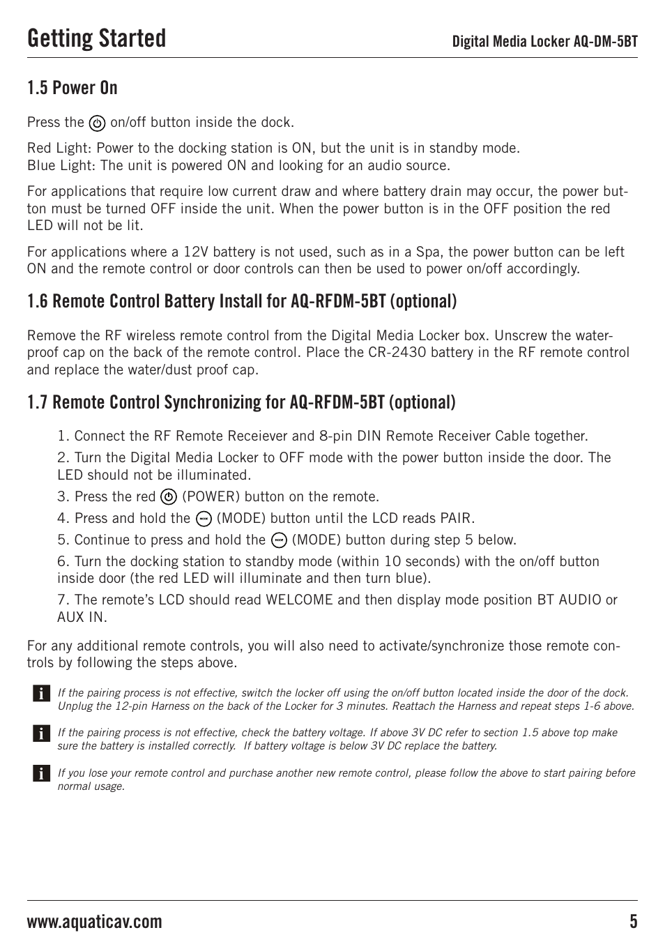 Getting started, 5 power on | Aquatic AV AQ-DM-5BT User Manual | Page 5 / 12
