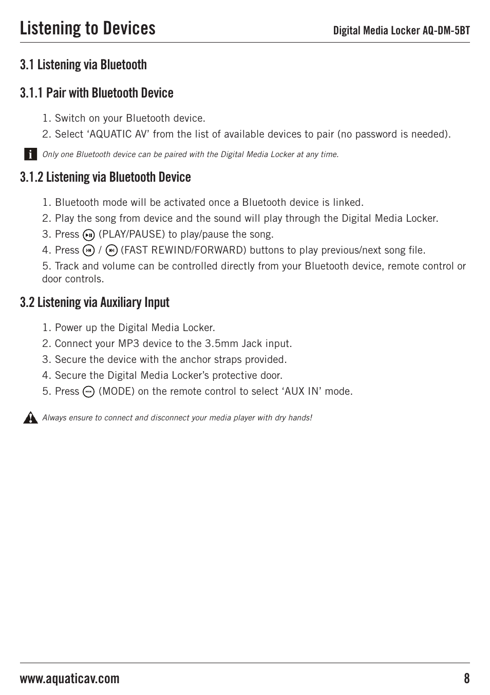 Listening to devices | Aquatic AV AQ-DM-5BT User Manual | Page 8 / 12