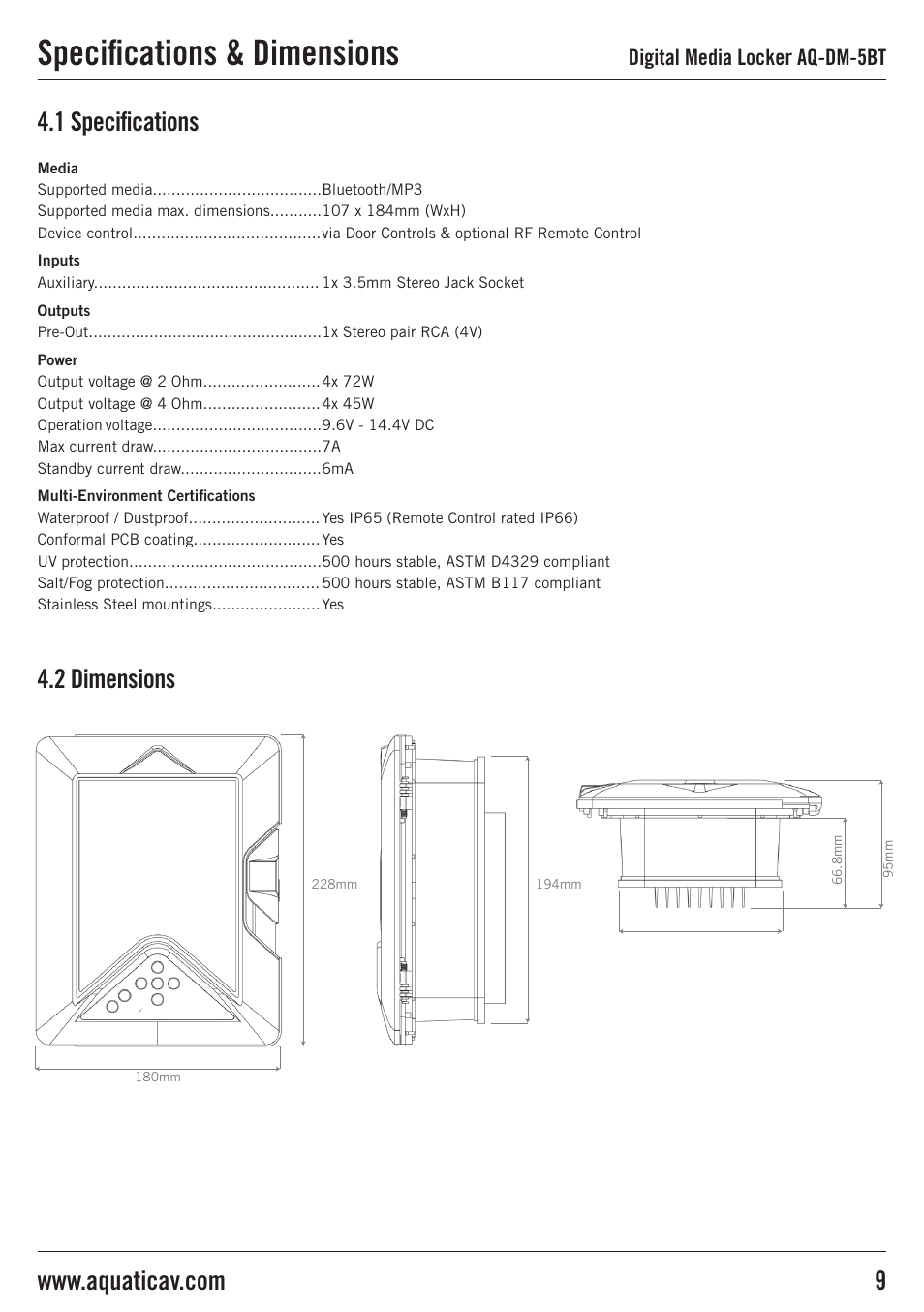 Specifications & dimensions, 1 specifications 4.2 dimensions, Digital media locker aq-dm-5bt | Aquatic AV AQ-DM-5BT User Manual | Page 9 / 12