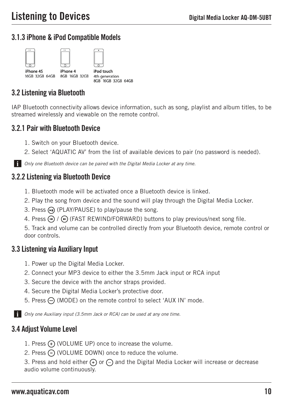 Listening to devices | Aquatic AV AQ-DM-5UBT User Manual | Page 10 / 16