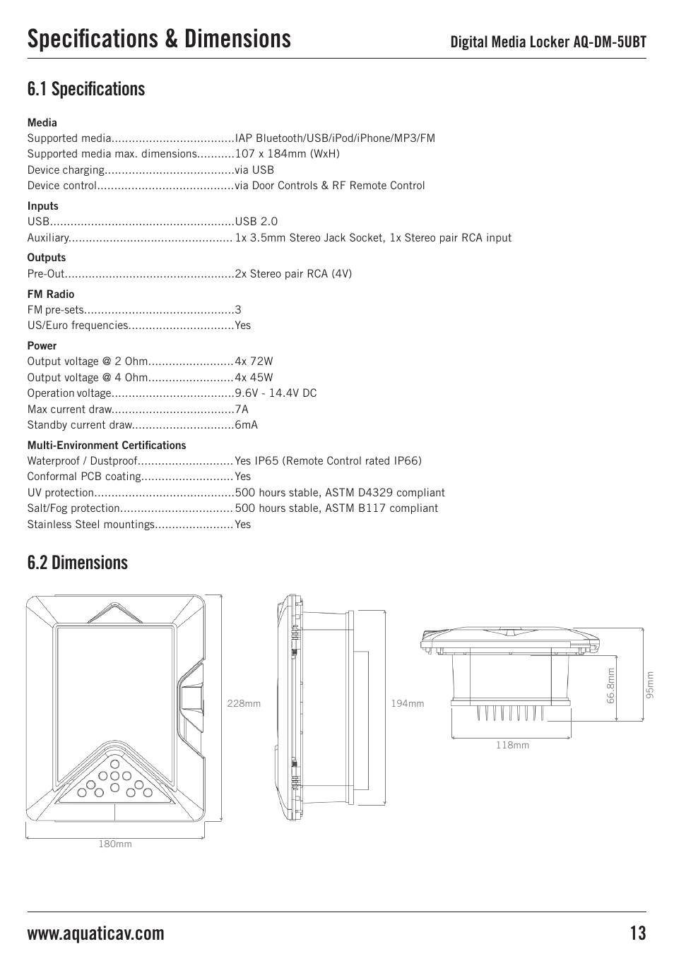 Specifications & dimensions, 1 specifications, 2 dimensions | Digital media locker aq-dm-5ubt | Aquatic AV AQ-DM-5UBT User Manual | Page 13 / 16