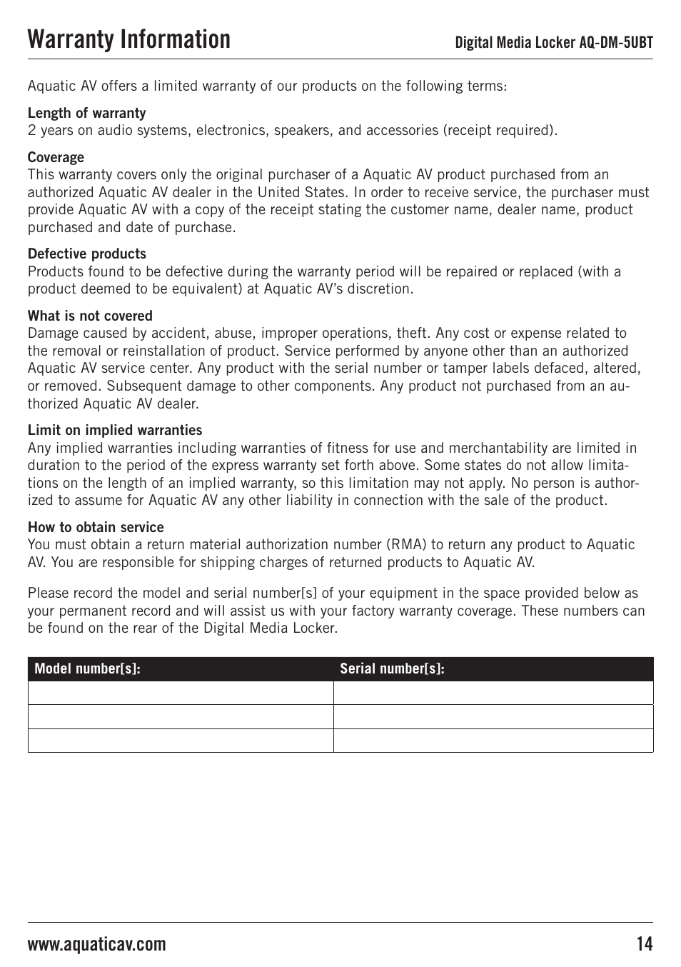 Warranty information | Aquatic AV AQ-DM-5UBT User Manual | Page 14 / 16