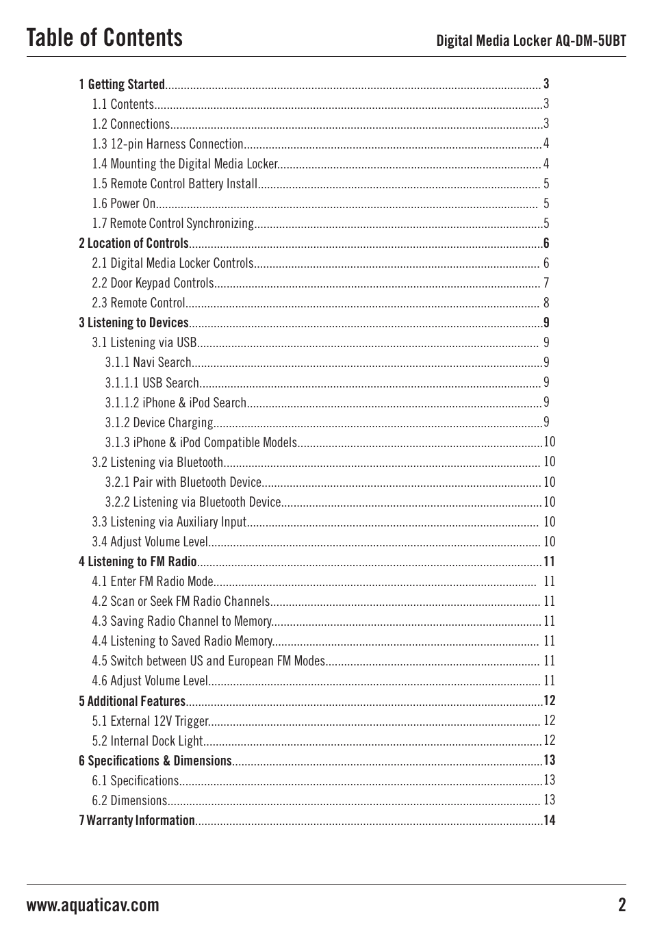 Aquatic AV AQ-DM-5UBT User Manual | Page 2 / 16