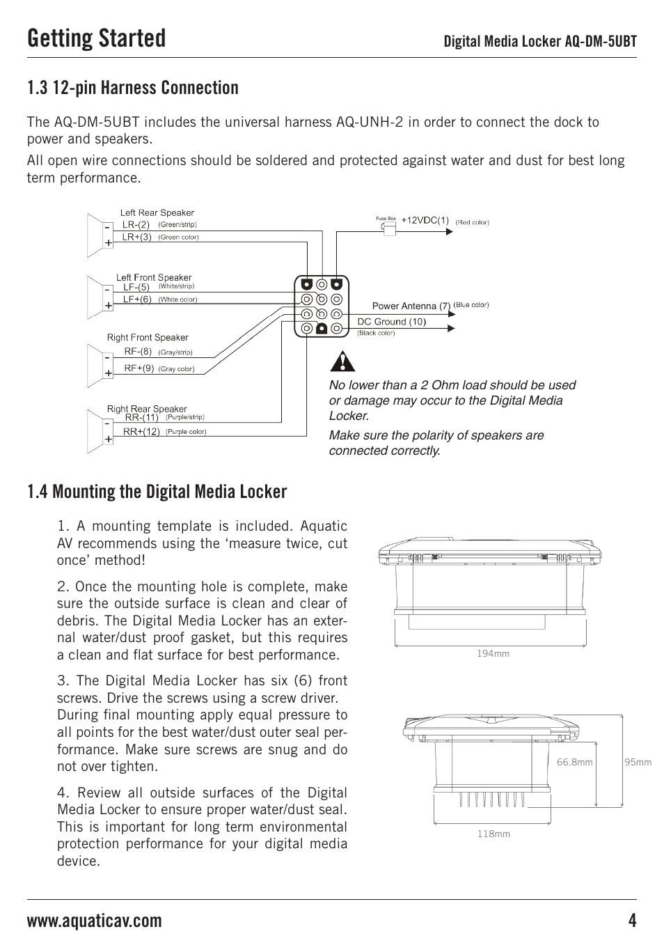 Getting started, 3 12-pin harness connection, 4 mounting the digital media locker | Aquatic AV AQ-DM-5UBT User Manual | Page 4 / 16