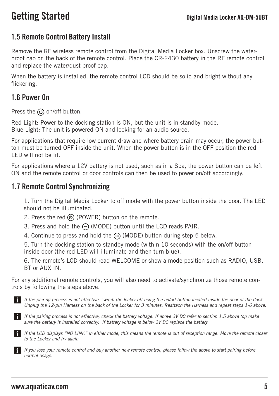 Getting started, 5 remote control battery install, 6 power on | 7 remote control synchronizing | Aquatic AV AQ-DM-5UBT User Manual | Page 5 / 16