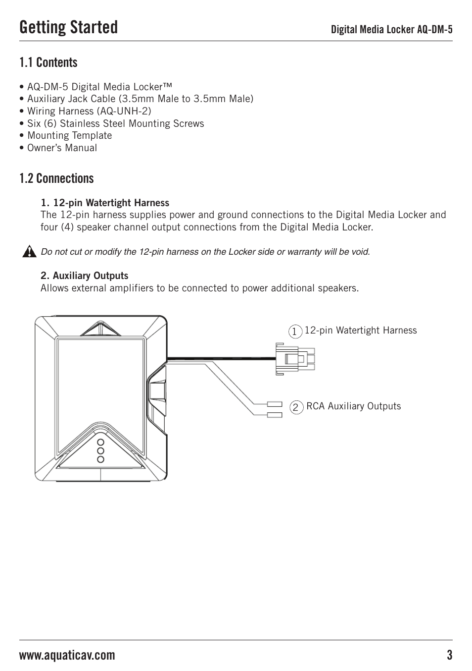 Getting started, 1 contents, 2 connections | Aquatic AV AQ-DM-5 User Manual | Page 3 / 10