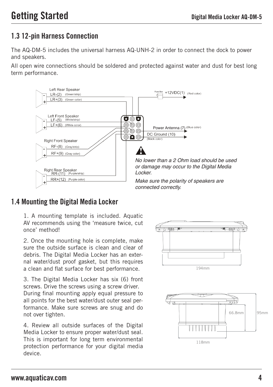 Getting started, 3 12-pin harness connection, 4 mounting the digital media locker | Aquatic AV AQ-DM-5 User Manual | Page 4 / 10