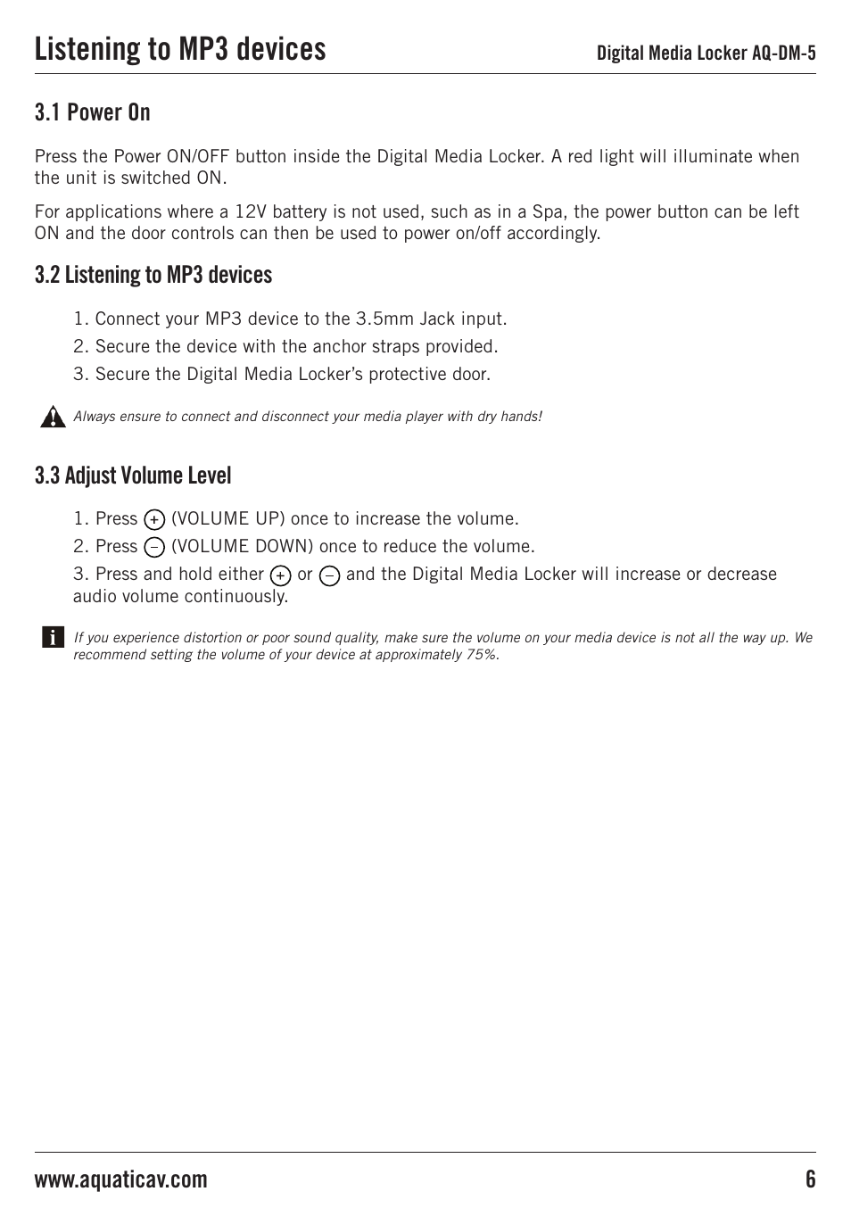 Listening to mp3 devices, 2 listening to mp3 devices, 3 adjust volume level | 1 power on | Aquatic AV AQ-DM-5 User Manual | Page 6 / 10