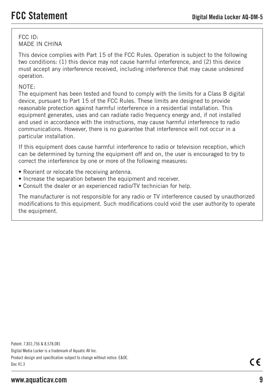 Fcc statement | Aquatic AV AQ-DM-5 User Manual | Page 9 / 10
