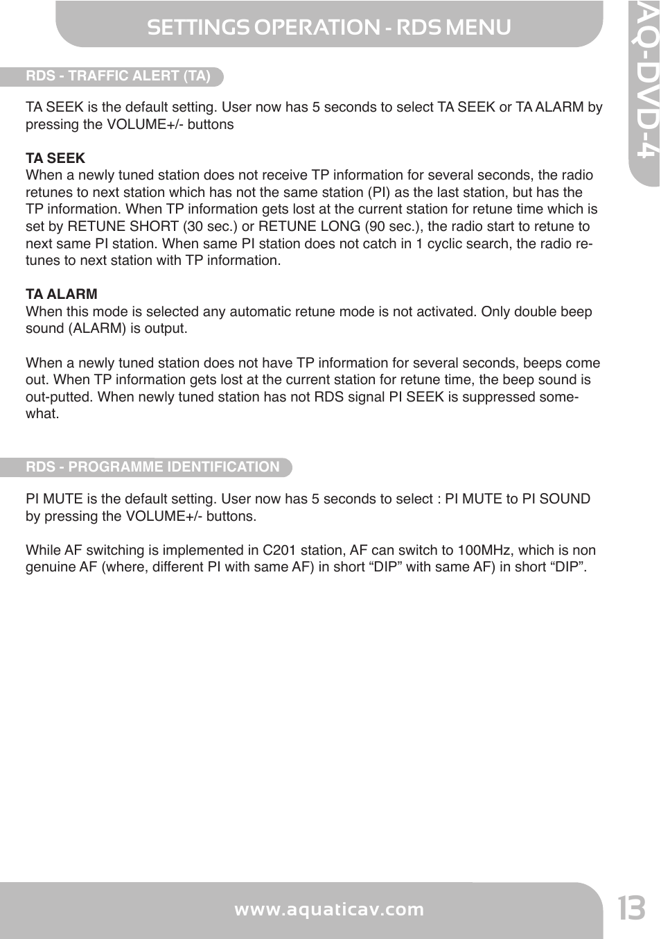 Aq -d v d -4, Settings operation - rds menu, Ipod & iphone operation | Aquatic AV AQ-DVD-4 User Manual | Page 13 / 40