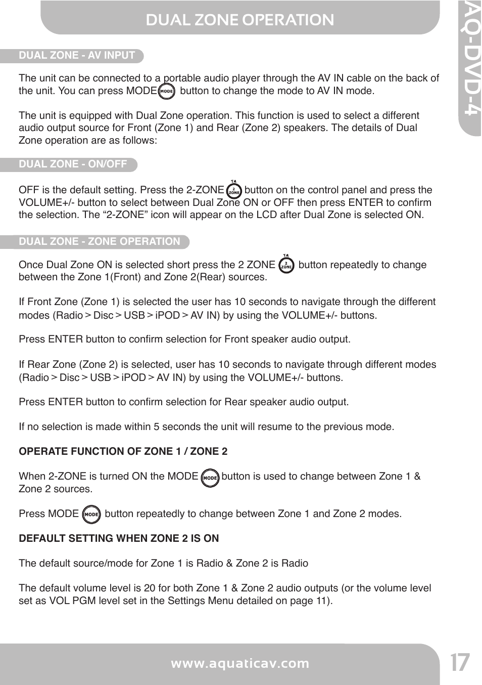 Aq -d v d -4, Dual zone operation, Mp3/wma operation | Aquatic AV AQ-DVD-4 User Manual | Page 17 / 40