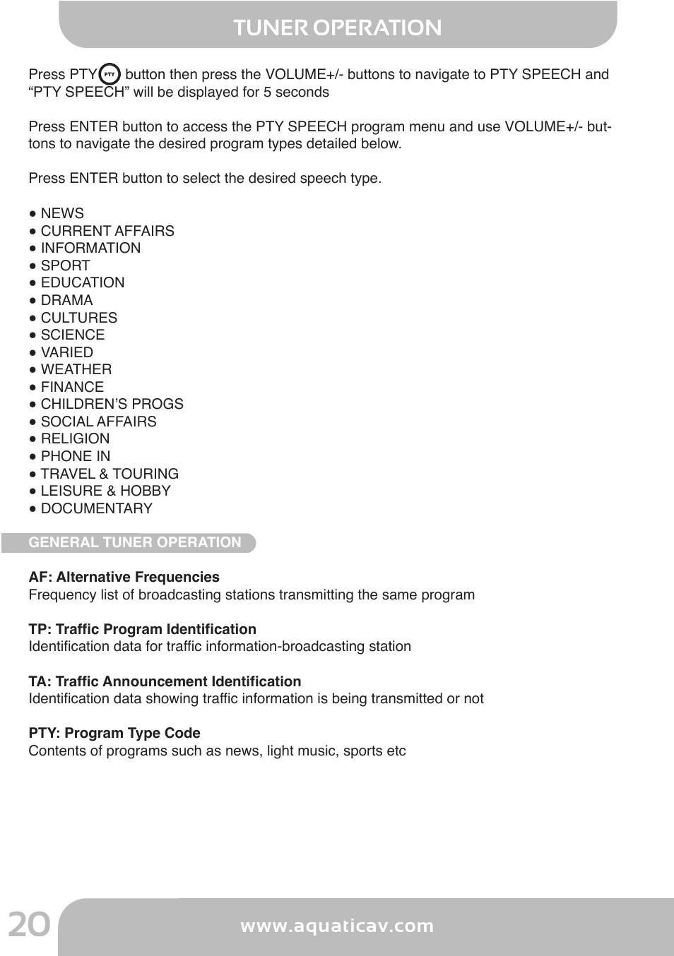 Aq -d v d -4, Cd operation, Tuner operation | Aquatic AV AQ-DVD-4 User Manual | Page 20 / 40