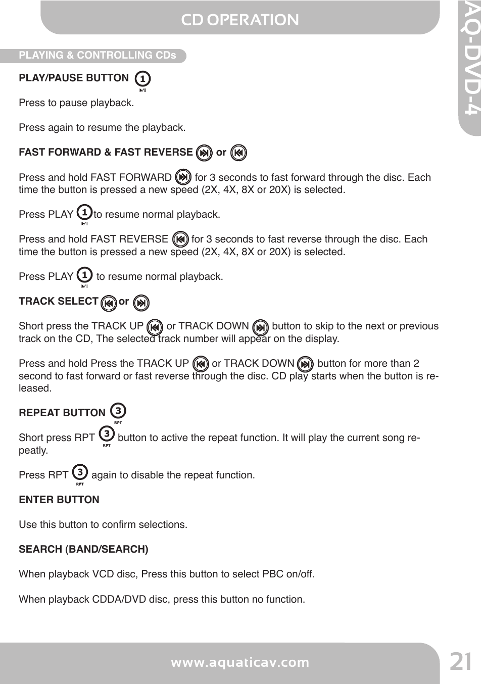 Aq -d v d -4, Cd operation, Tuner operation | Aquatic AV AQ-DVD-4 User Manual | Page 21 / 40