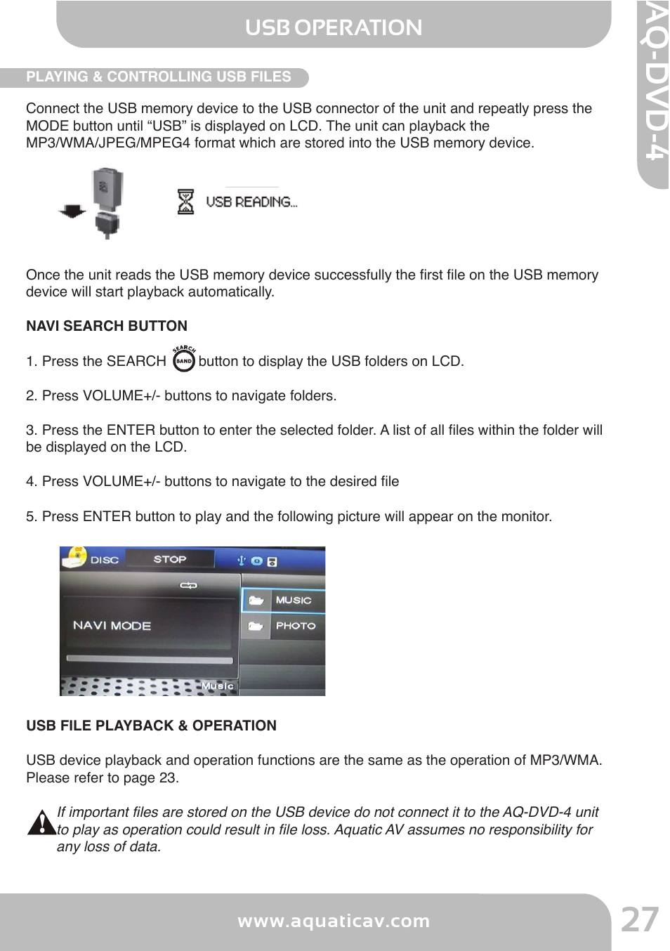 Aq -d v d -4, Usb operation, Settings operation - rds menu | Aquatic AV AQ-DVD-4 User Manual | Page 27 / 40