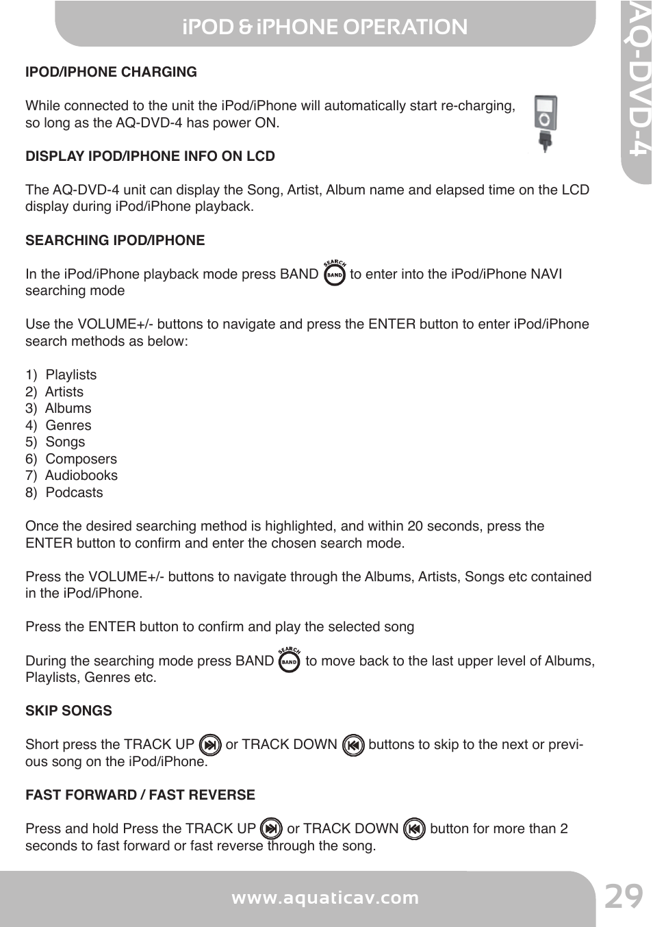 Aq -d v d -4, Ipod & iphone operation, Settings operation | Aquatic AV AQ-DVD-4 User Manual | Page 29 / 40