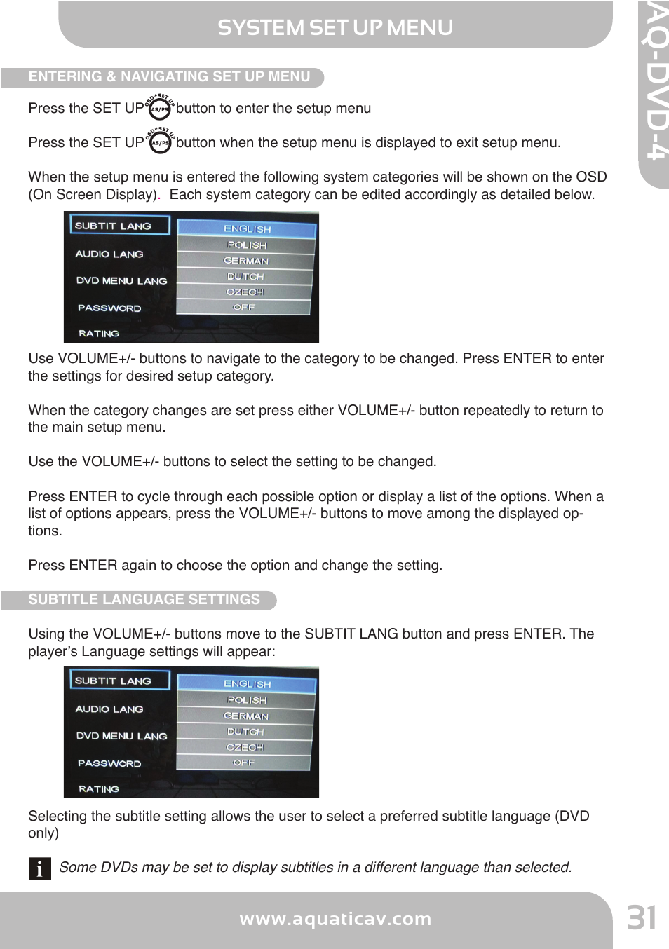 Aq -d v d -4, System set up menu, Function of controls | Aquatic AV AQ-DVD-4 User Manual | Page 31 / 40