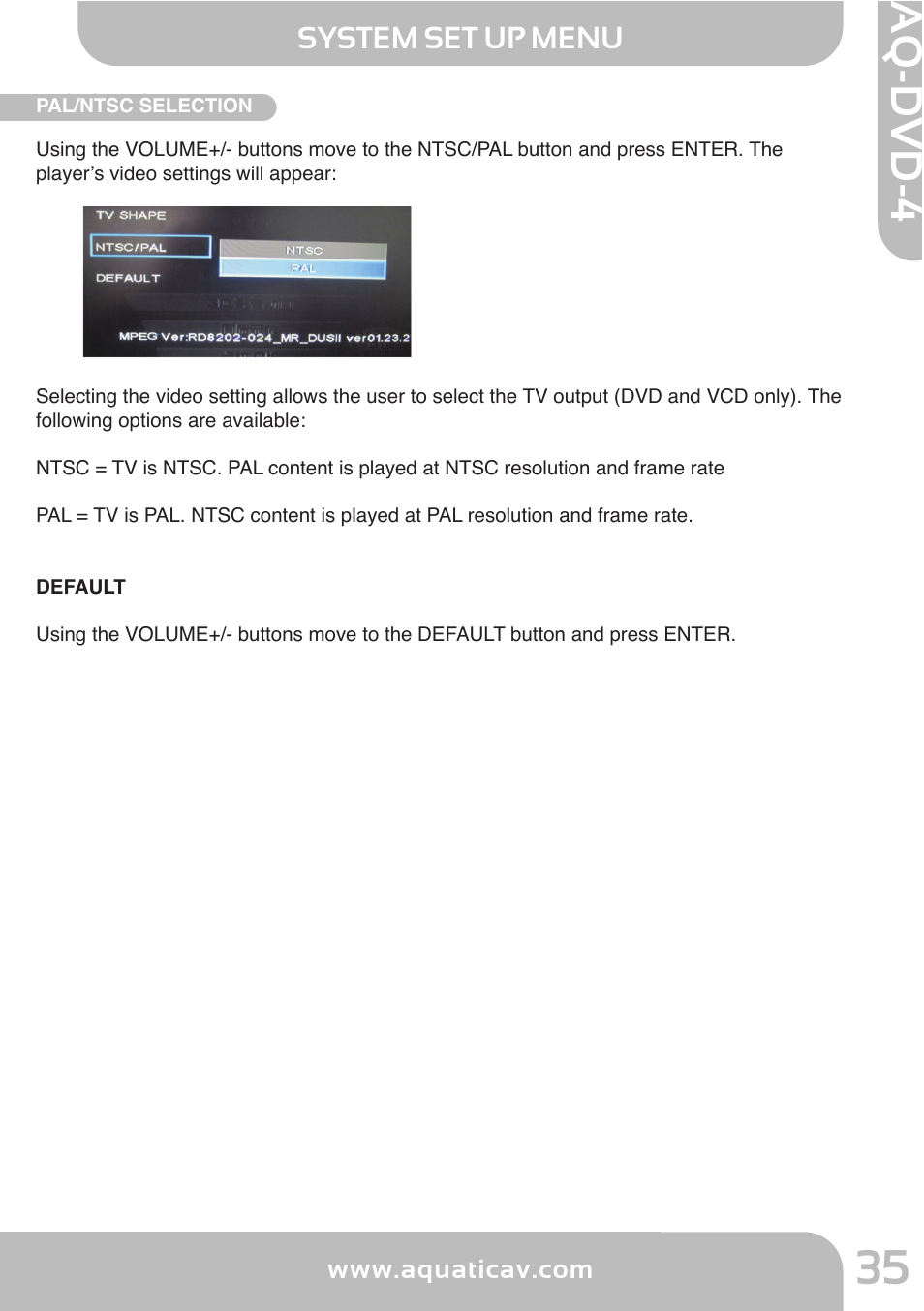 Aq -d v d -4, System set up menu, Disc handling | Aquatic AV AQ-DVD-4 User Manual | Page 35 / 40