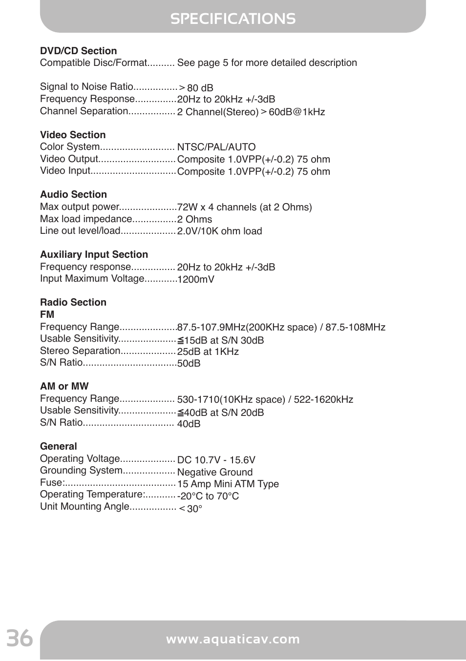 Aq -d v d -4, Specifications | Aquatic AV AQ-DVD-4 User Manual | Page 36 / 40