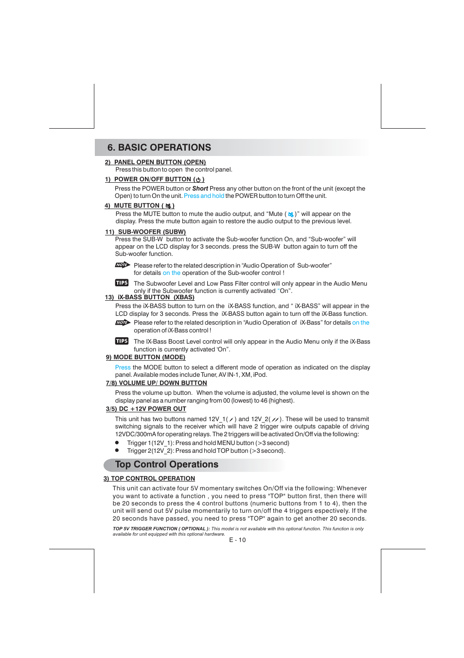 Basic operations, Top control operations | Aquatic AV AQ-IP-3B User Manual | Page 11 / 22