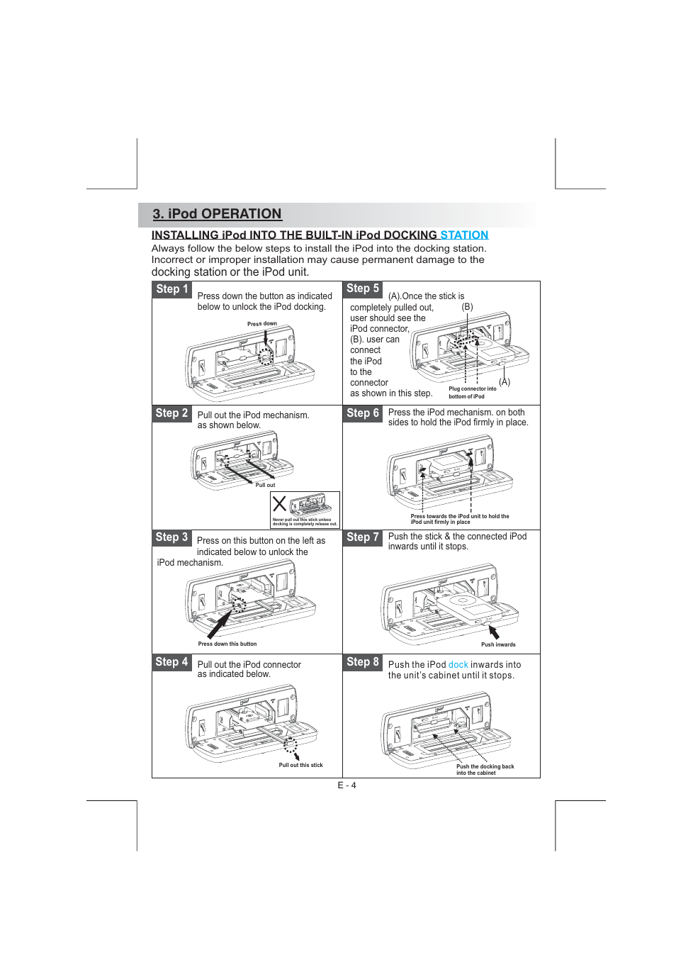 Ipod operation, Step 1 step 2 step 3 step 4, Step 5 step 6 step 7 step 8 | Aquatic AV AQ-IP-3B User Manual | Page 5 / 22