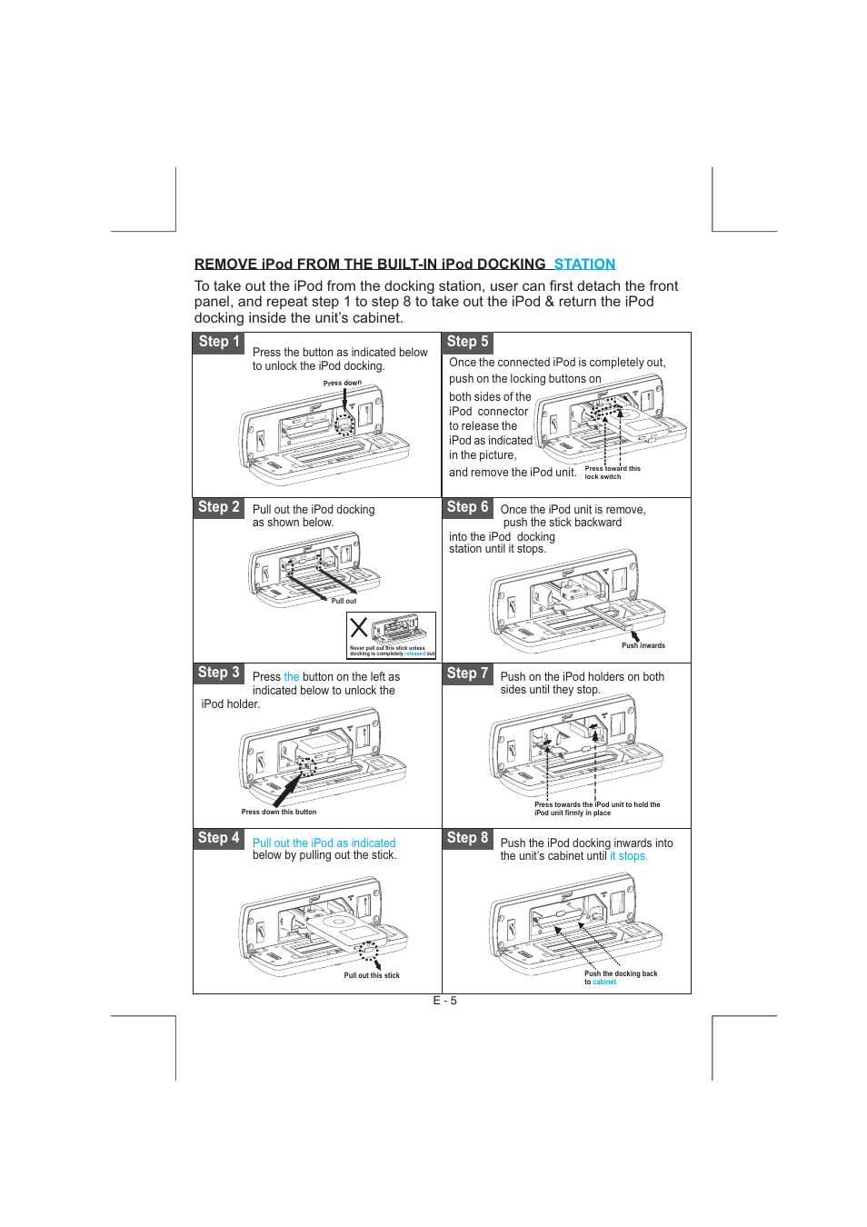 Step 4 step 3 step 2, Step 6 step 7 step 8, Step 1 step 5 | Remove ipod from the built-in ipod docking station | Aquatic AV AQ-IP-3B User Manual | Page 6 / 22