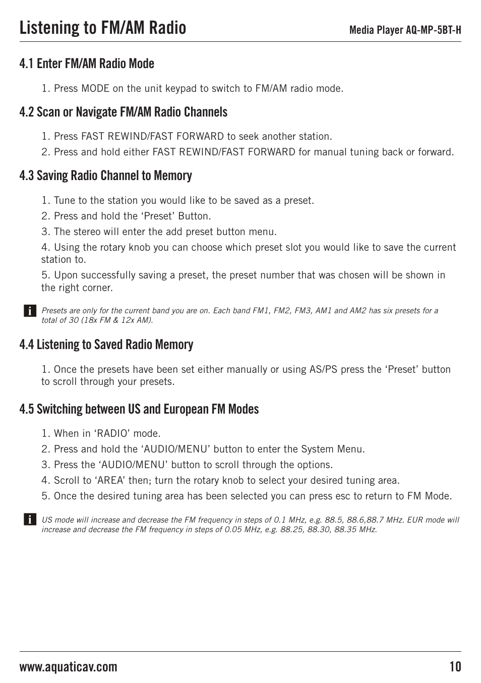 Listening to fm/am radio, 5 switching between us and european fm modes, 2 scan or navigate fm/am radio channels | 1 enter fm/am radio mode | Aquatic AV AQ-MP-5BT-H User Manual | Page 10 / 15