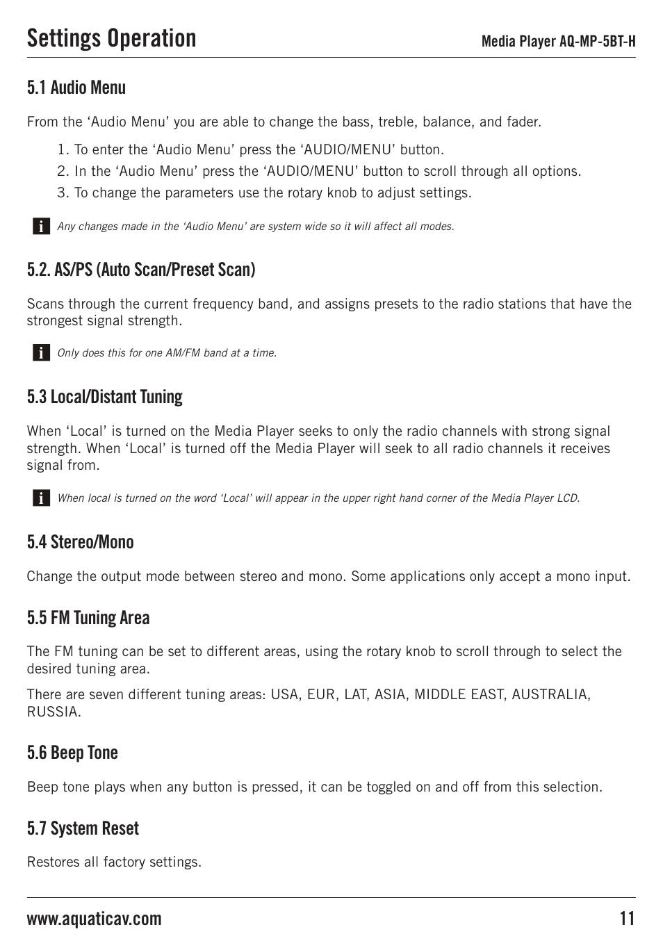 Settings operation, As/ps (auto scan/preset scan), 3 local/distant tuning | 4 stereo/mono, 5 fm tuning area, 6 beep tone, 7 system reset, 1 audio menu | Aquatic AV AQ-MP-5BT-H User Manual | Page 11 / 15