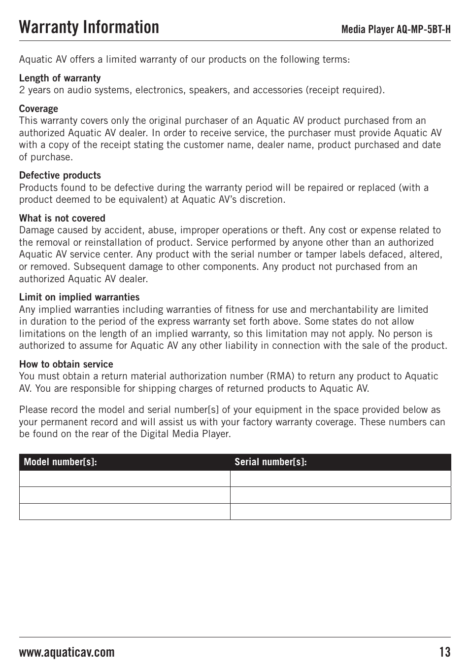 Warranty information | Aquatic AV AQ-MP-5BT-H User Manual | Page 13 / 15