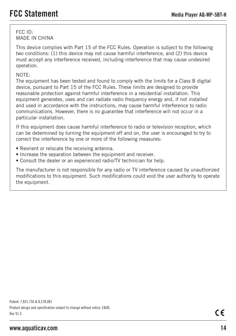 Fcc statement | Aquatic AV AQ-MP-5BT-H User Manual | Page 14 / 15
