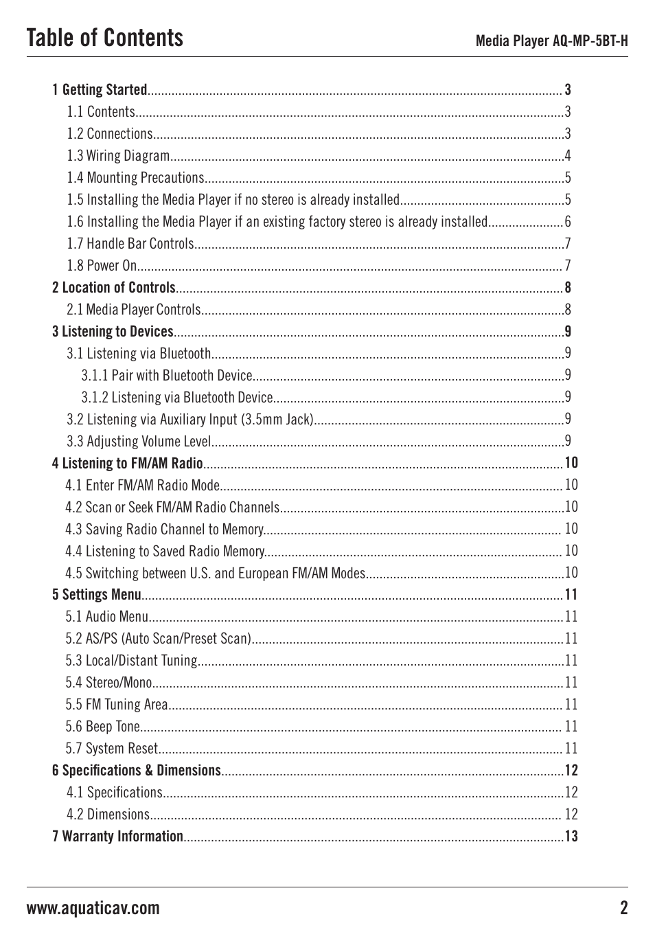 Aquatic AV AQ-MP-5BT-H User Manual | Page 2 / 15
