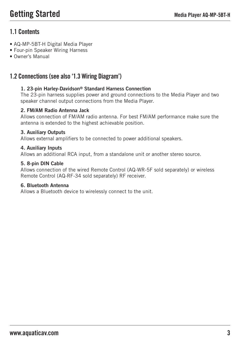 Getting started, 1 contents, 2 connections (see also ‘1.3 wiring diagram’) | Aquatic AV AQ-MP-5BT-H User Manual | Page 3 / 15