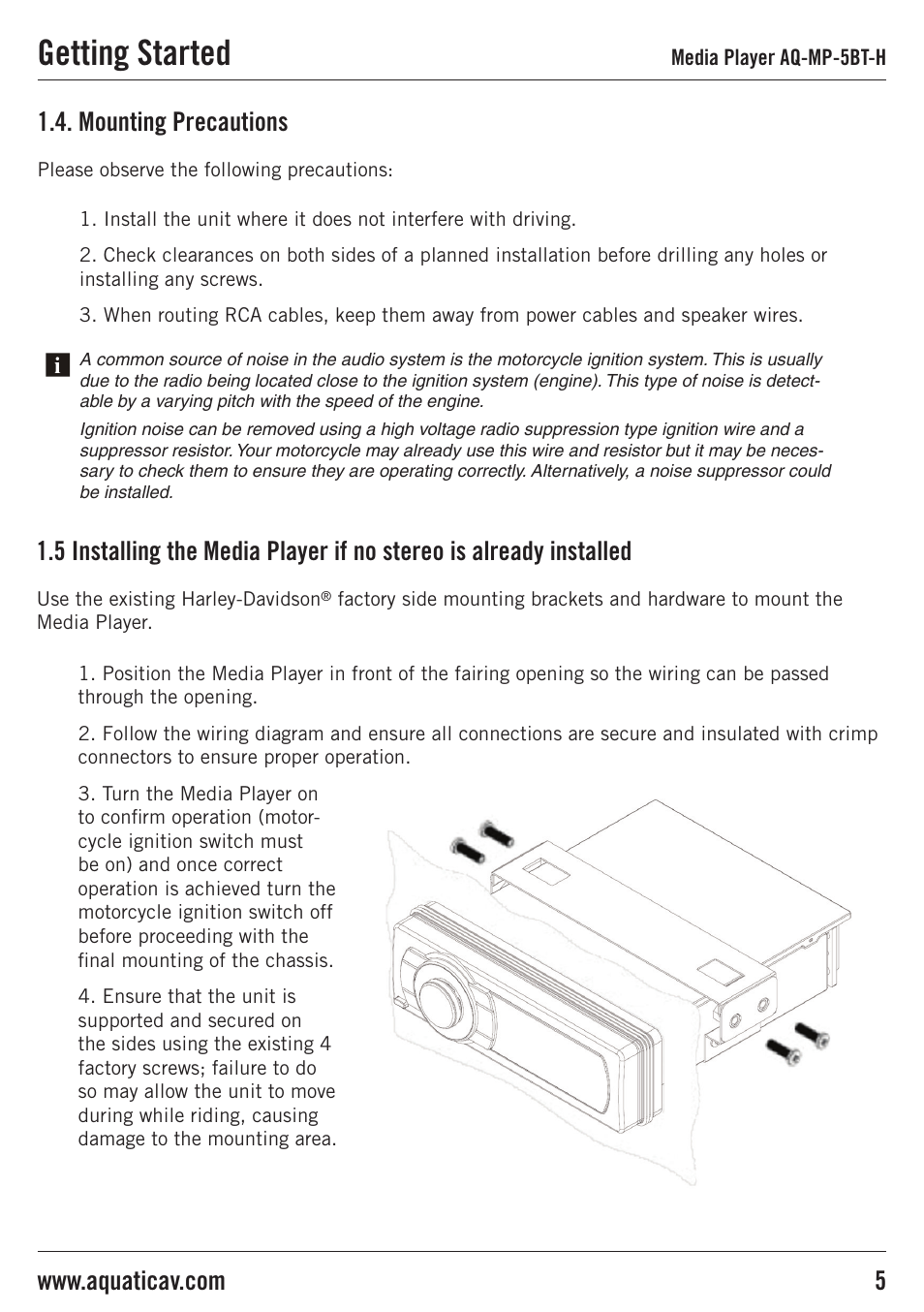 Getting started, Mounting precautions | Aquatic AV AQ-MP-5BT-H User Manual | Page 5 / 15