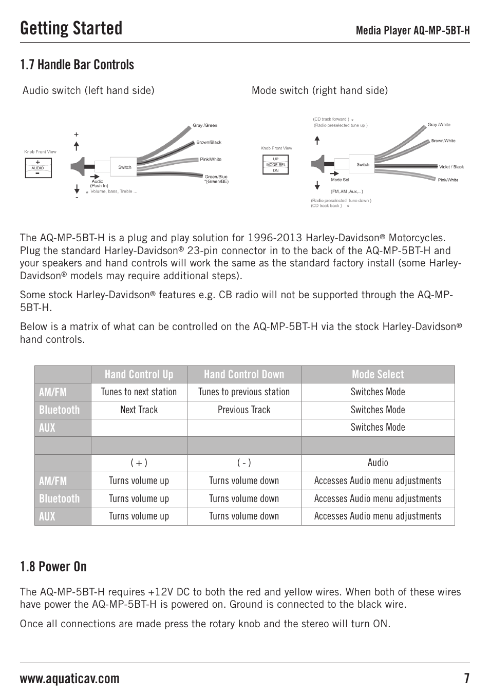 Getting started, 8 power on, 7 handle bar controls | Aquatic AV AQ-MP-5BT-H User Manual | Page 7 / 15