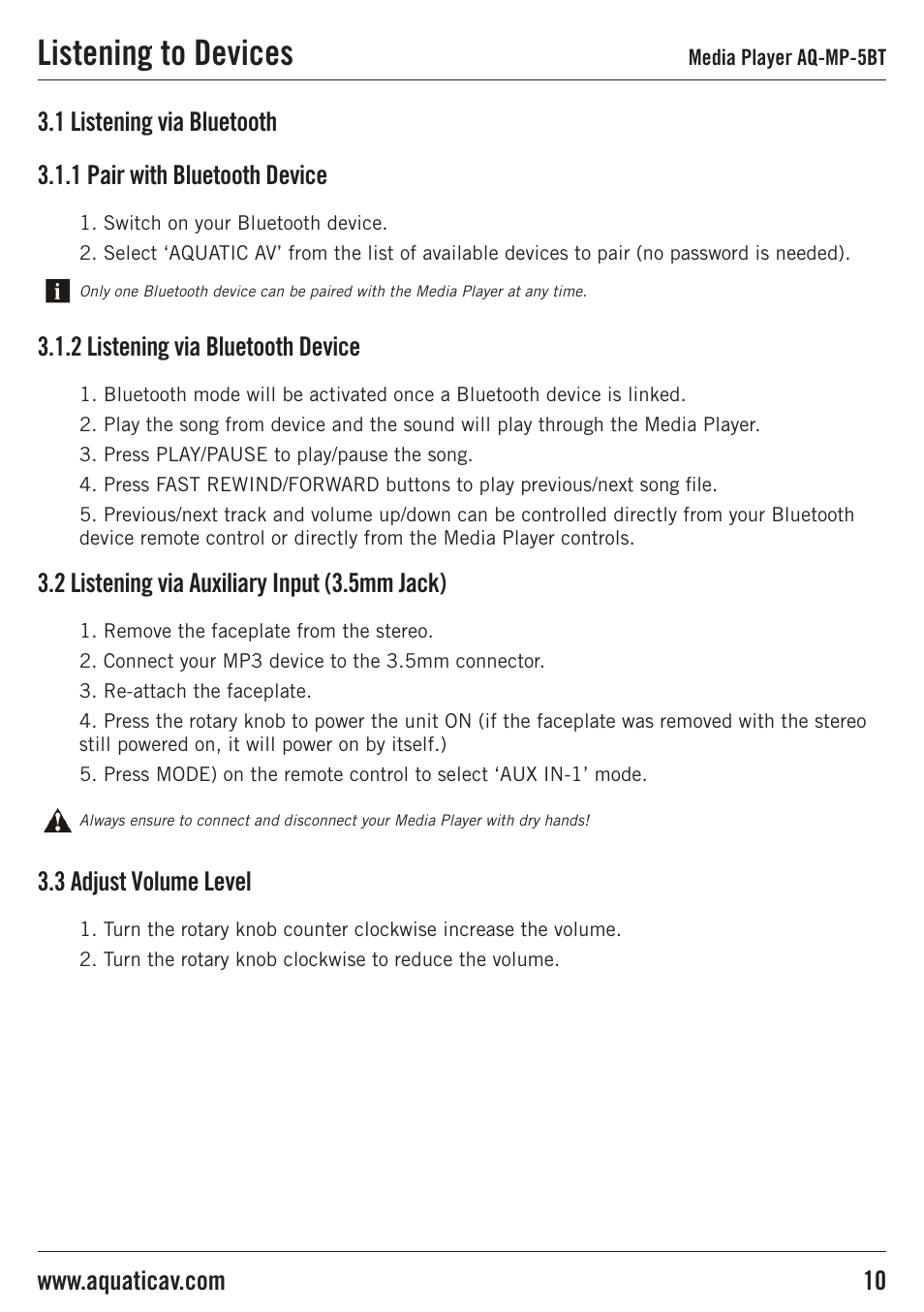 Listening to devices | Aquatic AV AQ-MP-5BT User Manual | Page 10 / 16