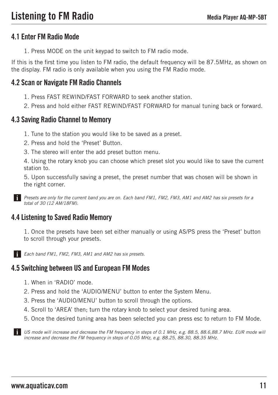 Listening to fm radio, 1 enter fm radio mode, 2 scan or navigate fm radio channels | 5 switching between us and european fm modes | Aquatic AV AQ-MP-5BT User Manual | Page 11 / 16