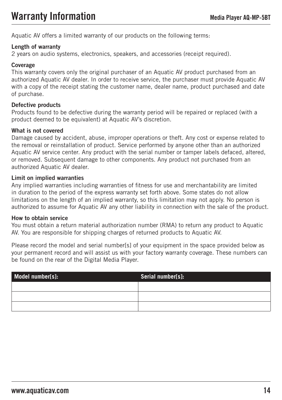 Warranty information | Aquatic AV AQ-MP-5BT User Manual | Page 14 / 16