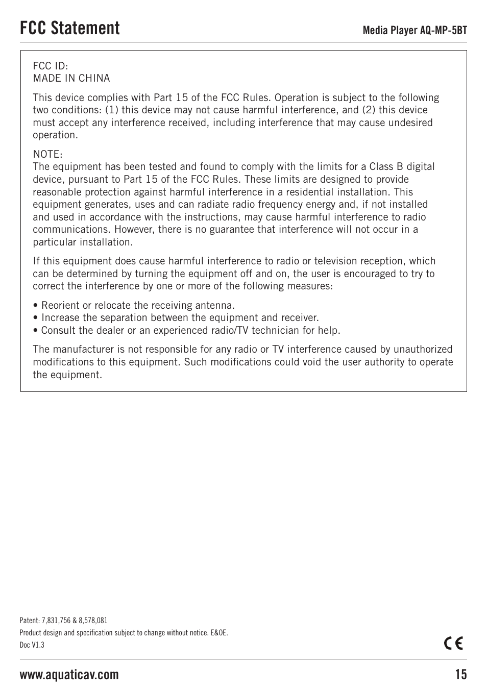 Fcc statement | Aquatic AV AQ-MP-5BT User Manual | Page 15 / 16