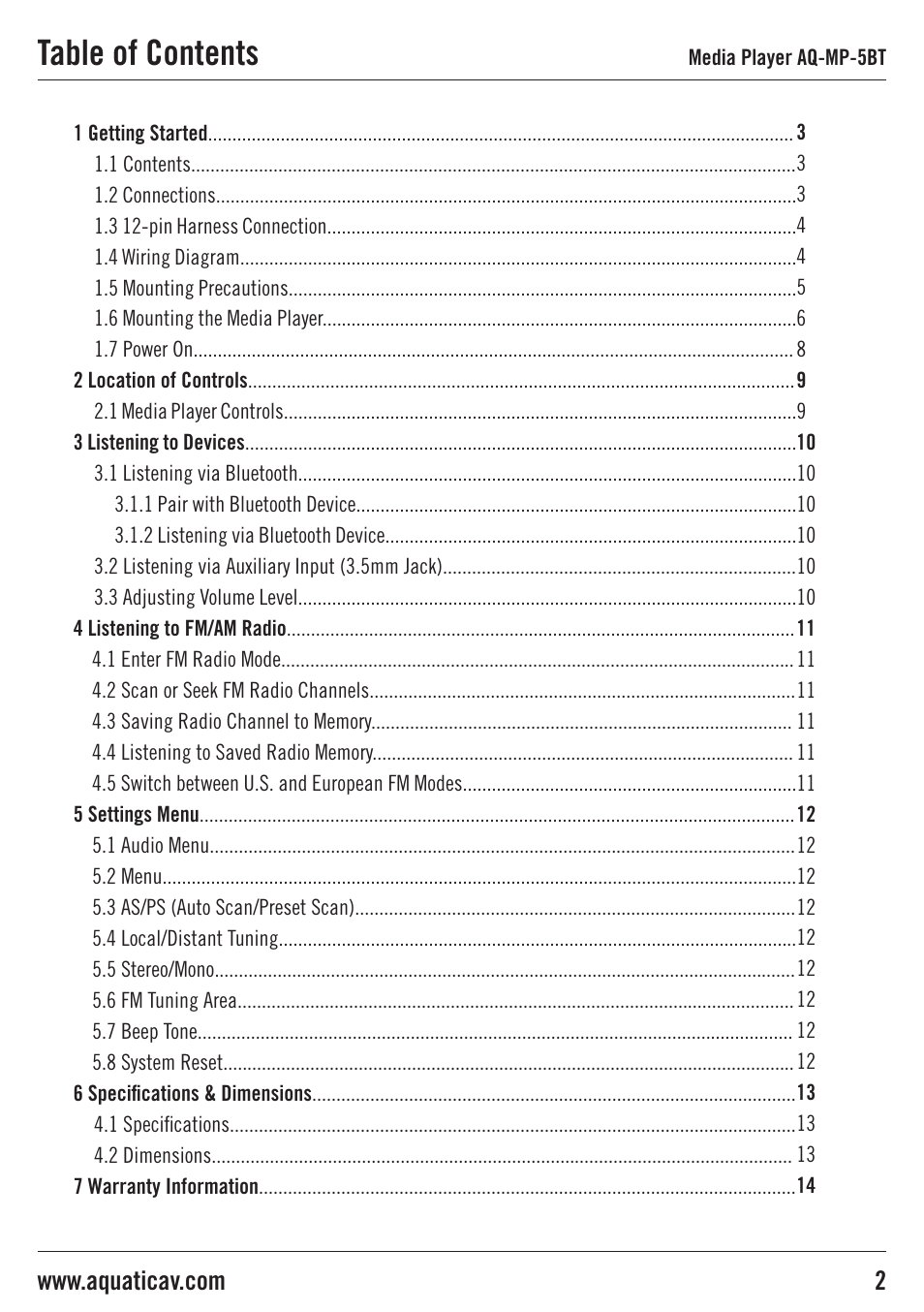 Aquatic AV AQ-MP-5BT User Manual | Page 2 / 16