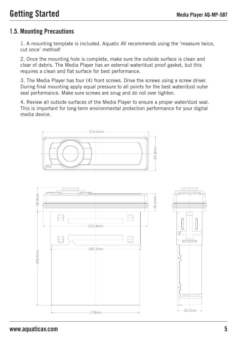 Getting started, Mounting precautions, Media player aq-mp-5bt | Aquatic AV AQ-MP-5BT User Manual | Page 5 / 16