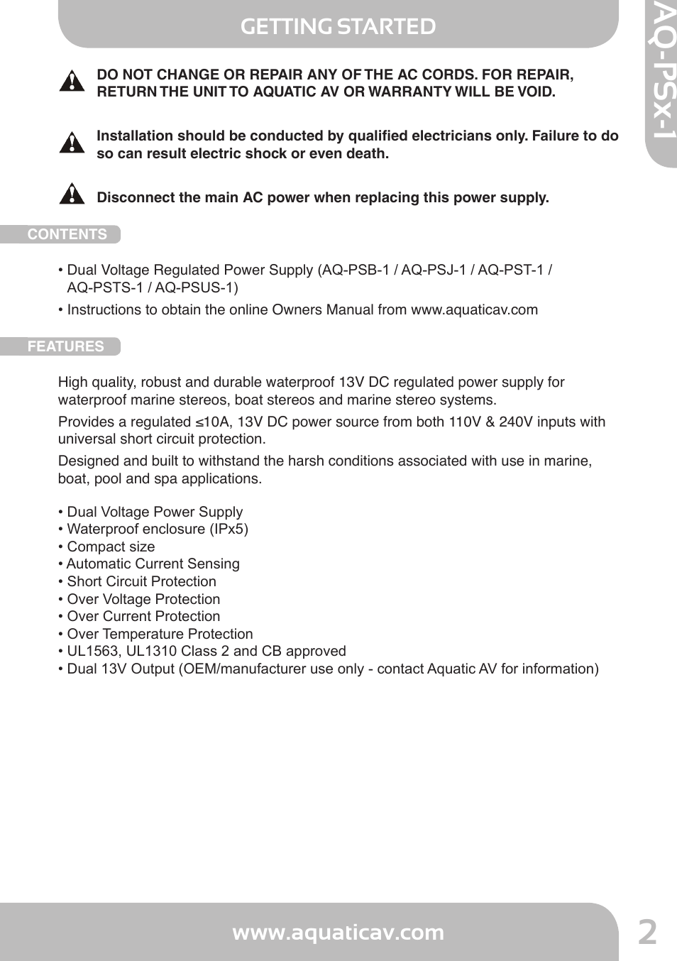 Aq-psx-1, Getting started | Aquatic AV AQ-PSx-1 User Manual | Page 2 / 7