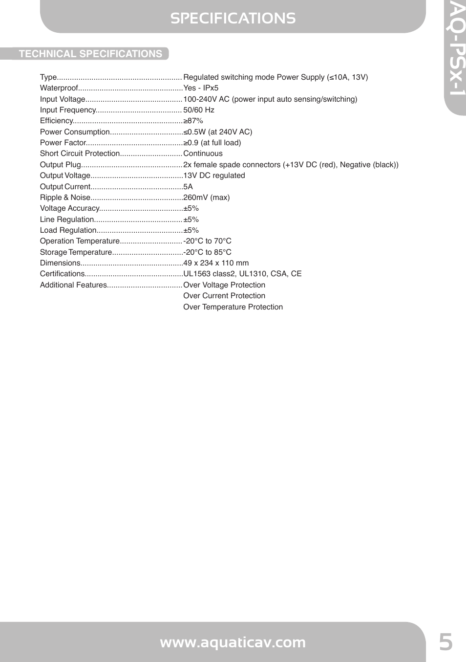 Aq-psx-1, Specifications | Aquatic AV AQ-PSx-1 User Manual | Page 5 / 7