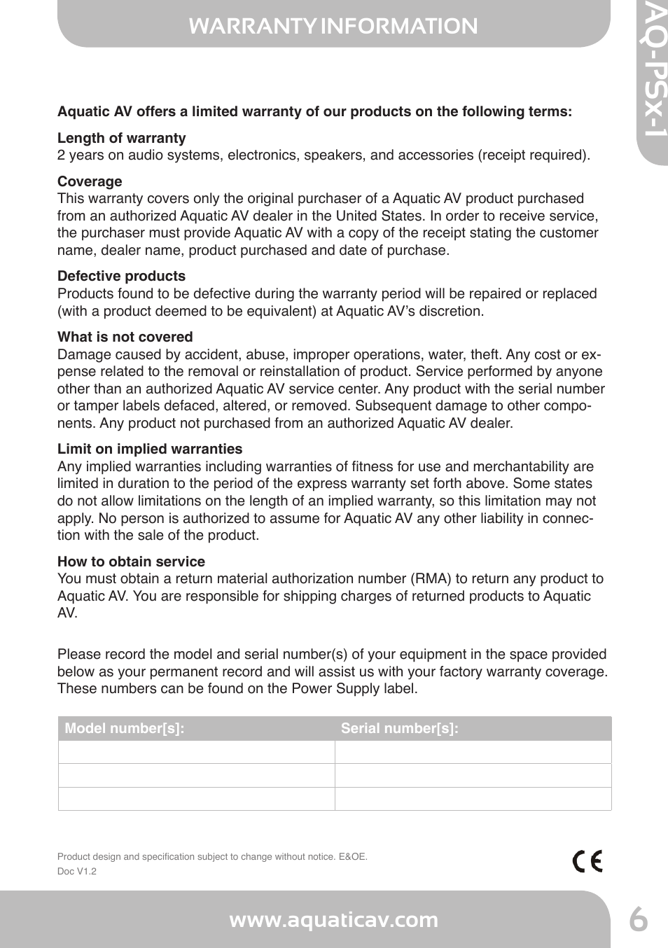 Aq-psx-1, Warranty information | Aquatic AV AQ-PSx-1 User Manual | Page 6 / 7