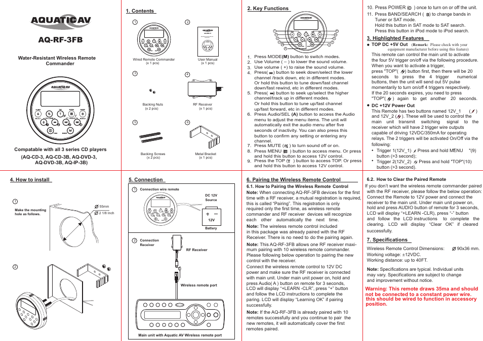Aquatic AV AQ-RF-3FB User Manual | 1 page