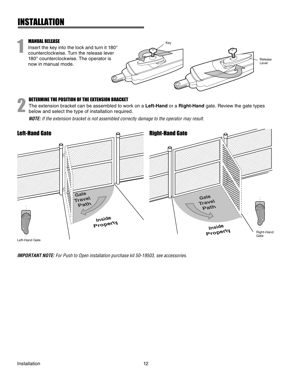 Installation, Manual release, Determine the position of the extension bracket | Chamberlain LA412 User Manual | Page 12 / 48