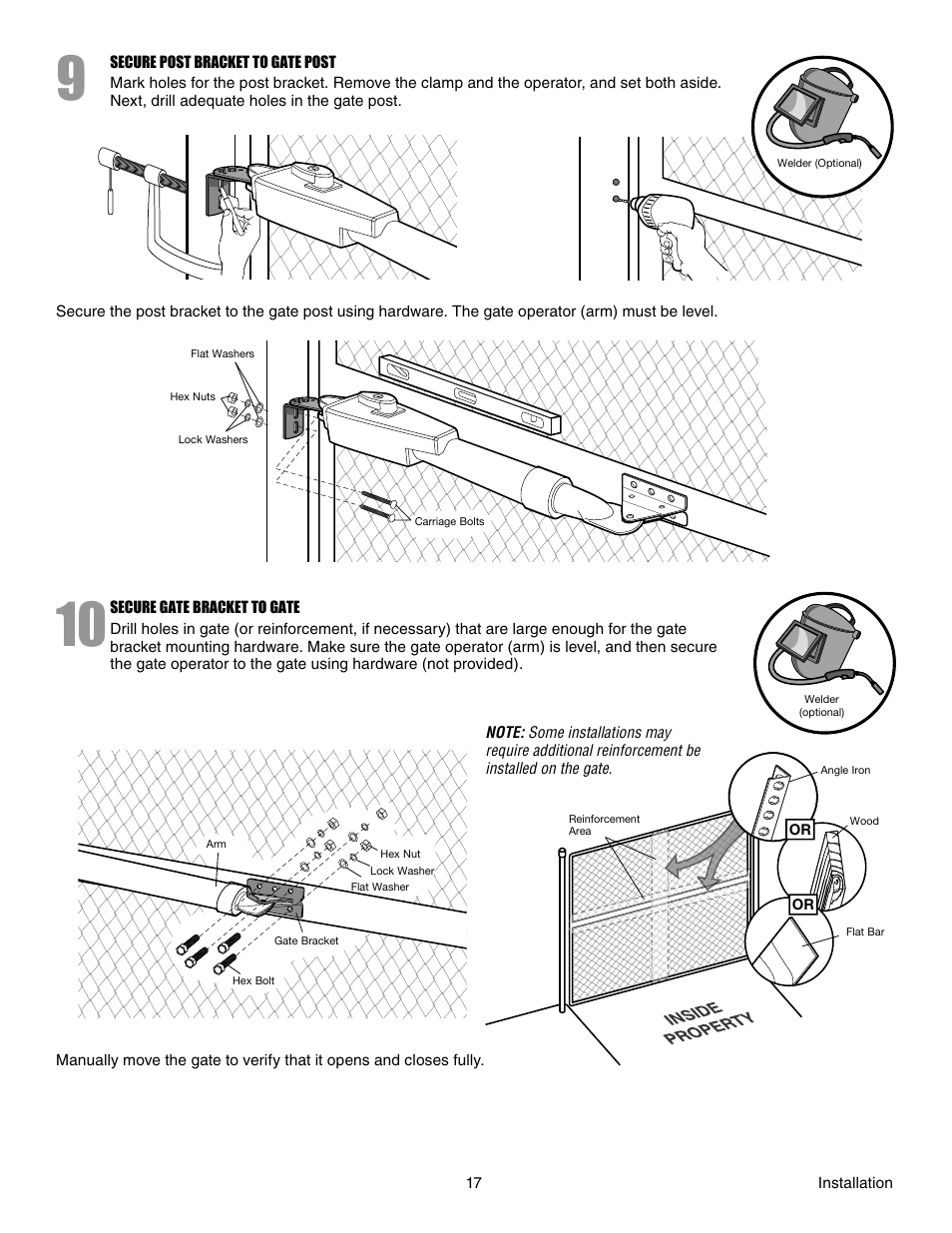 Secure post bracket to gate post, Secure gate bracket to gate | Chamberlain LA412 User Manual | Page 17 / 48