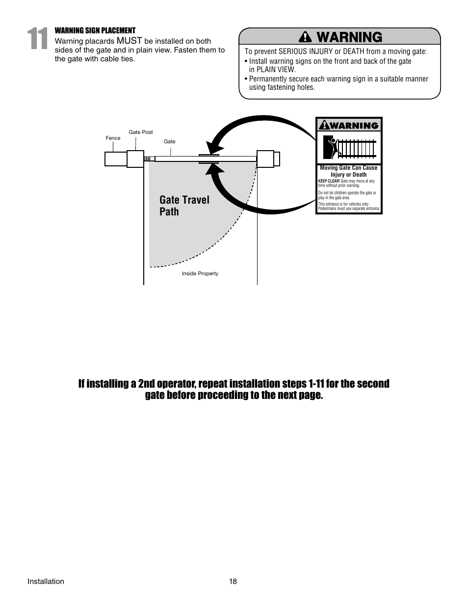 Warning sign placement, Gate travel path | Chamberlain LA412 User Manual | Page 18 / 48