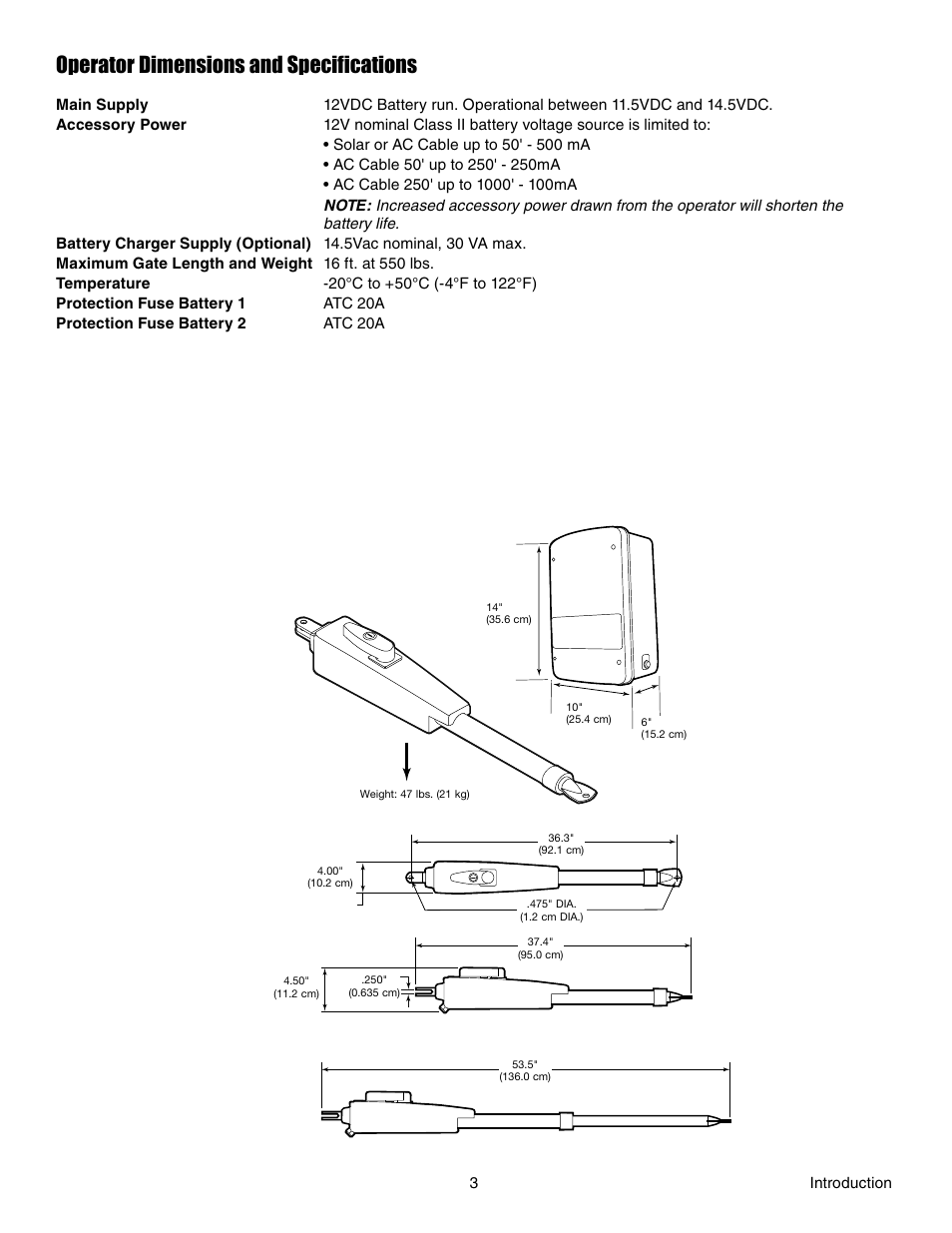 Operator dimensions and specifications | Chamberlain LA412 User Manual | Page 3 / 48