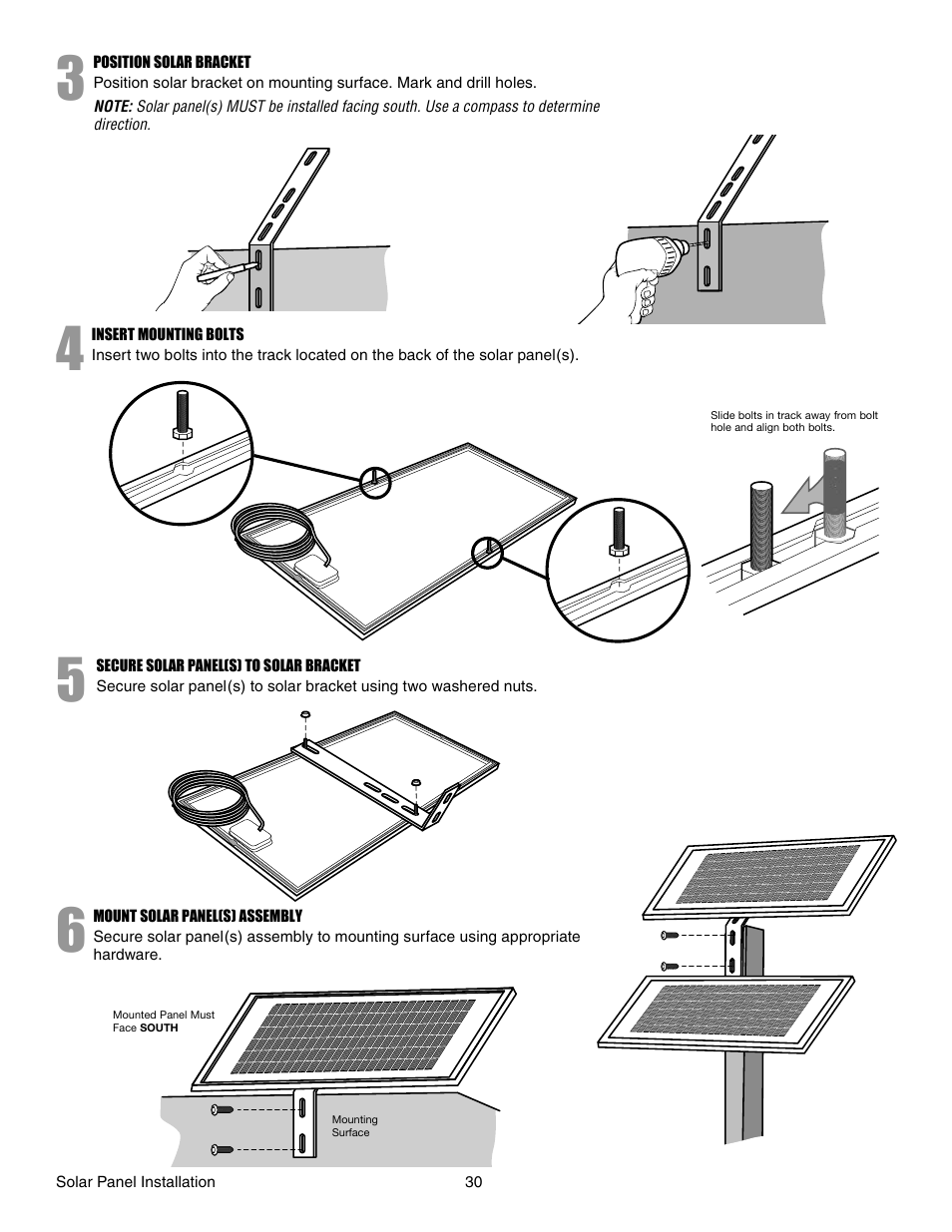 Position solar bracket, Insert mounting bolts, Secure solar panel(s) to solar bracket | Chamberlain LA412 User Manual | Page 30 / 48