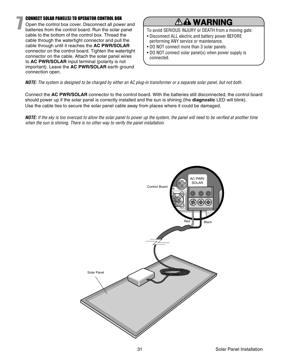 Mount solar panel(s) assembly, Connect solar panel(s) to operator control box | Chamberlain LA412 User Manual | Page 31 / 48